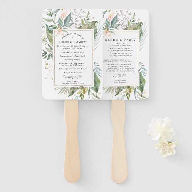 Botanical Blush Pink Floral Wedding Program Hand Fan (Front and Back)