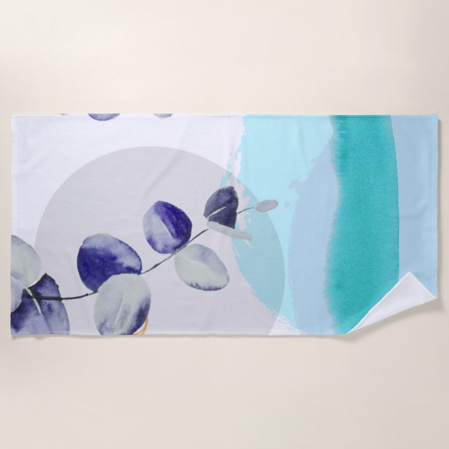 Botanical Boho Cyan Purple Beach Towel (Front)