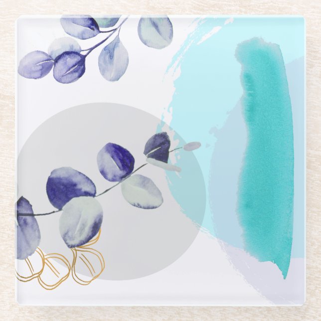 Botanical Boho Cyan Purple Glass Coaster (Front)