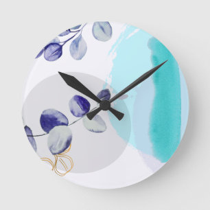 Botanical Boho Cyan Purple Round Clock