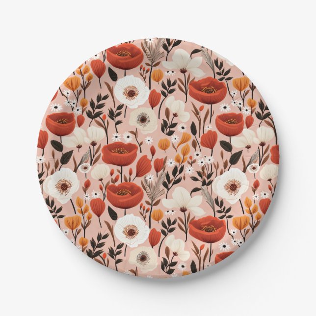 Botanical Boho Fall Wildflowers Meadow Pattern Paper Plate (Front)