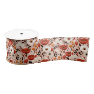 Botanical Boho Fall Wildflowers Meadow Pattern Satin Ribbon