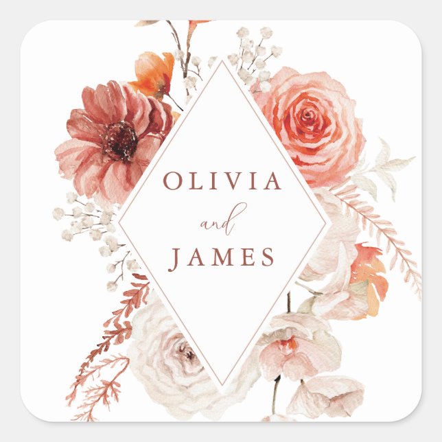 Botanical Boho Floral Frame Wedding Square Sticker (Front)