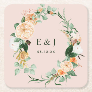 Botanical Boho Floral Greenery Monogram Wedding Square Paper Coaster