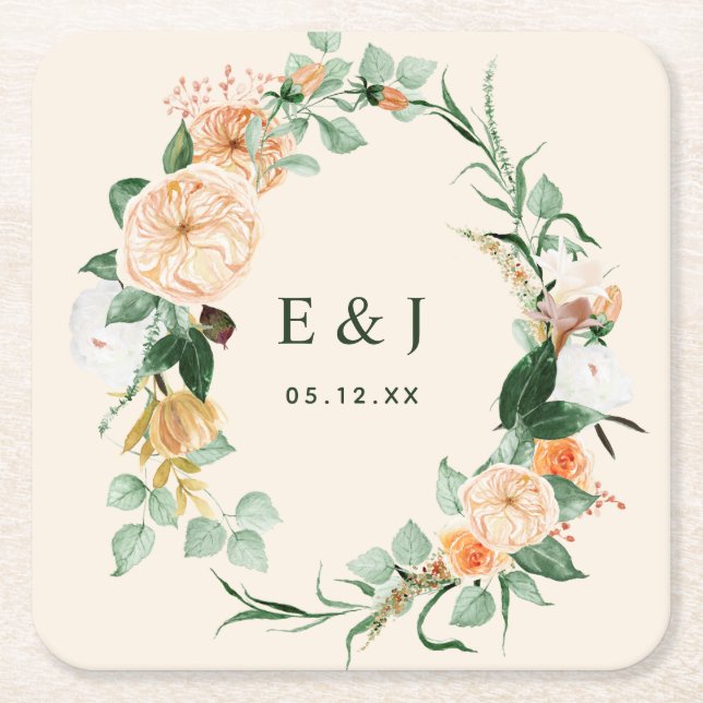 Botanical Boho Floral Greenery Monogram Wedding Square Paper Coaster (Front)