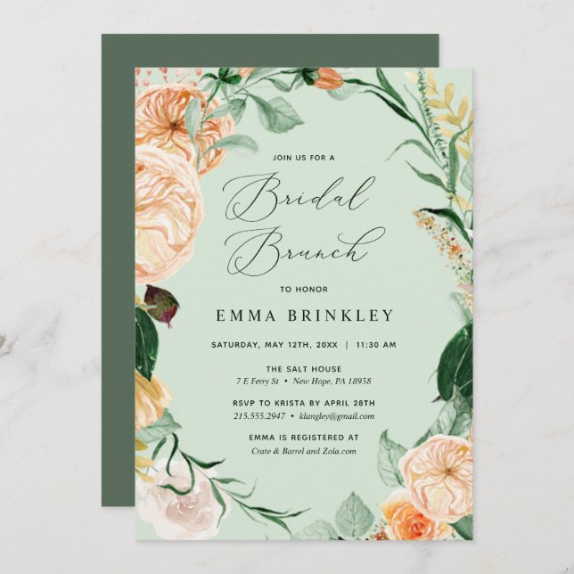 Botanical Boho Floral Sage Green Bridal Brunch Invitation (Front/Back)