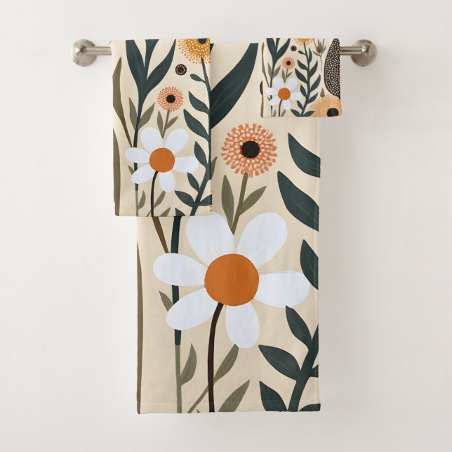 Botanical Boho Flowers Plants Design 389 Bath Towel Set (Insitu)