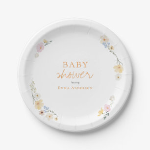 Botanical Boho flowers Script baby shower Paper Plate