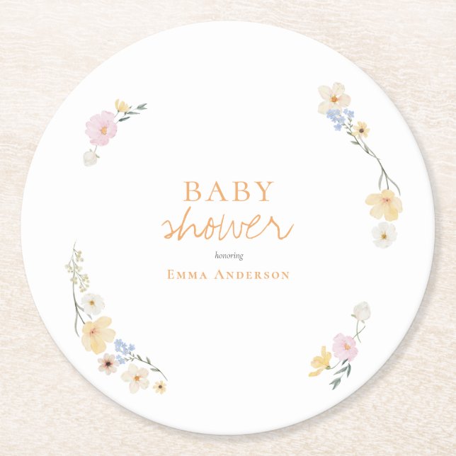 Botanical Boho flowers Script baby shower  Round Paper Coaster (Front)