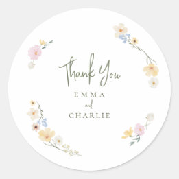 Botanical Boho flowers Script wedding Classic Round Sticker