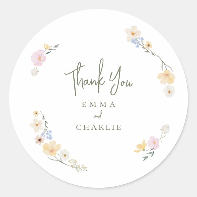 Botanical Boho flowers Script wedding  Classic Round Sticker (Front)