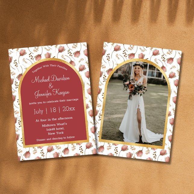 botanical boho gold red arch photo fall wedding  invitation (Creator Uploaded)