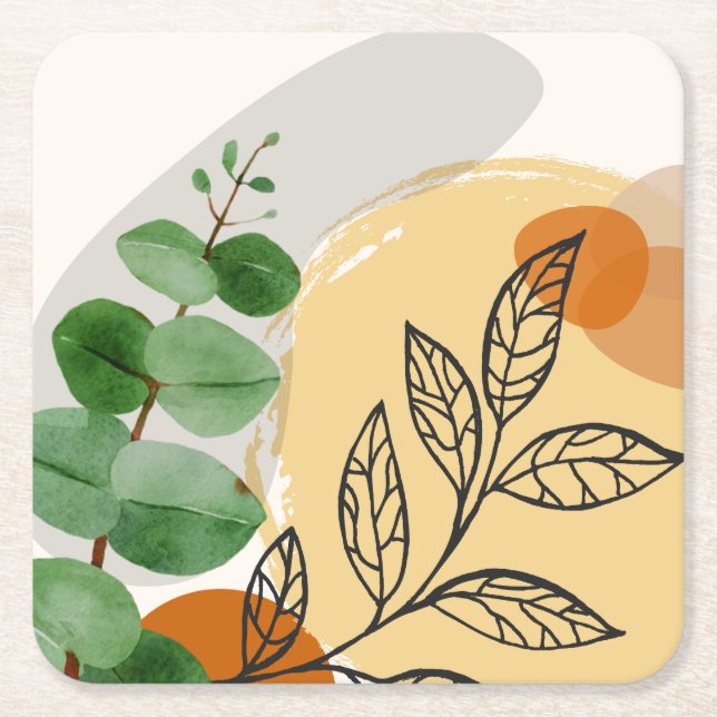 Botanical Boho Green Orange Square Paper Coaster (Front)