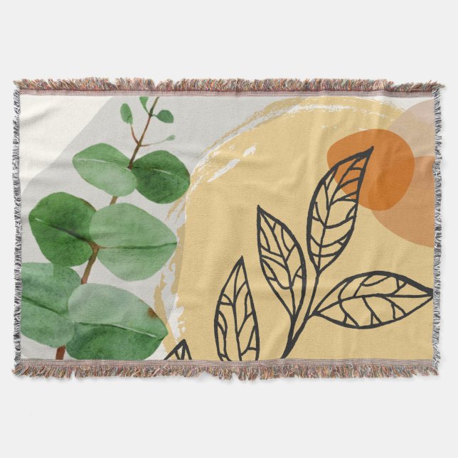 Botanical Boho Green Orange Throw Blanket (Front)