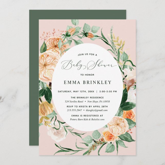 Botanical Boho Greenery Blush Pink Baby Shower Invitation (Front/Back)