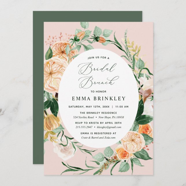 Botanical Boho Greenery Blush Pink Bridal Brunch Invitation (Front/Back)