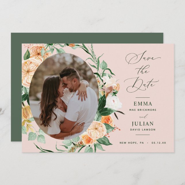 Botanical Boho Greenery Blush Pink Neutral Photo Save The Date (Front/Back)