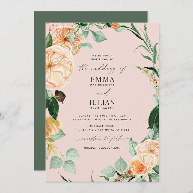 Botanical Boho Greenery Elegant Blush Pink Wedding Invitation (Front/Back)