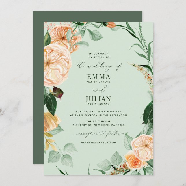 Botanical Boho Greenery Elegant Sage Green Wedding Invitation (Front/Back)