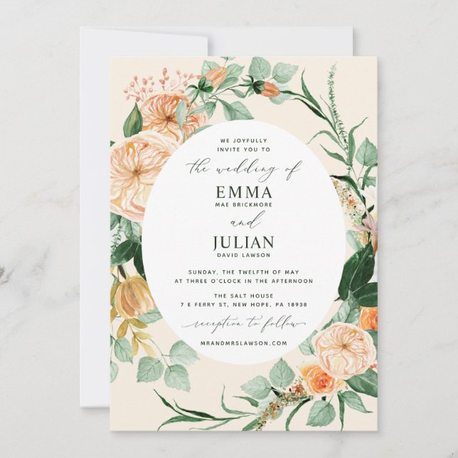 Botanical Boho Greenery Peach Bloom Floral Wedding Invitation (Front)