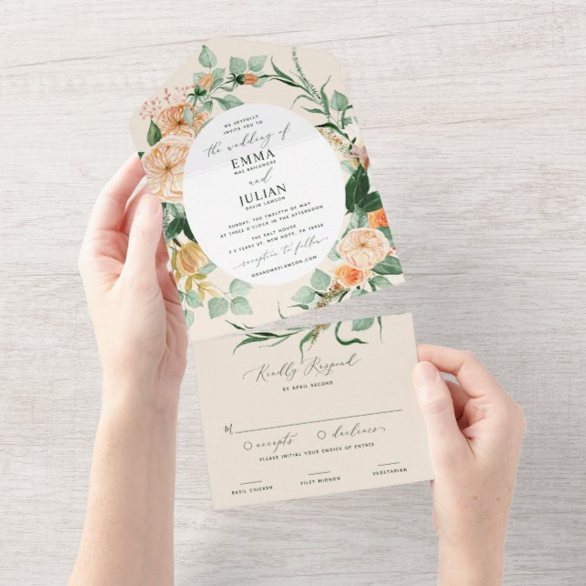 Botanical Boho Greenery Peach Floral Wedding  All In One Invitation (Tearaway)
