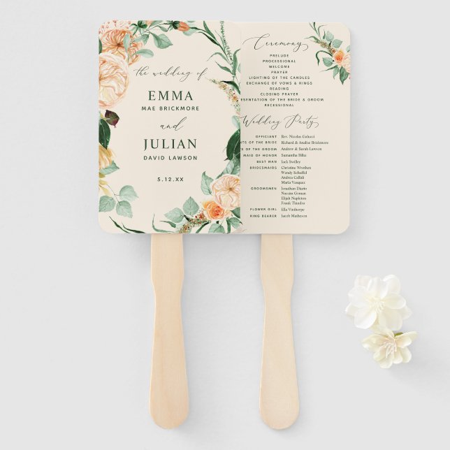 Botanical Boho Greenery Peach Wedding Program Hand Fan (Front and Back)