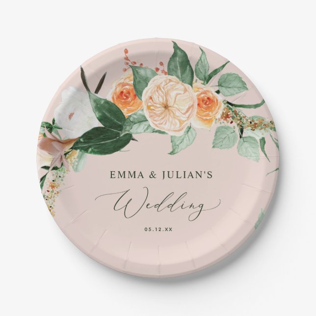 Botanical Boho Greenery Pink Personalised Wedding Paper Plate (Front)