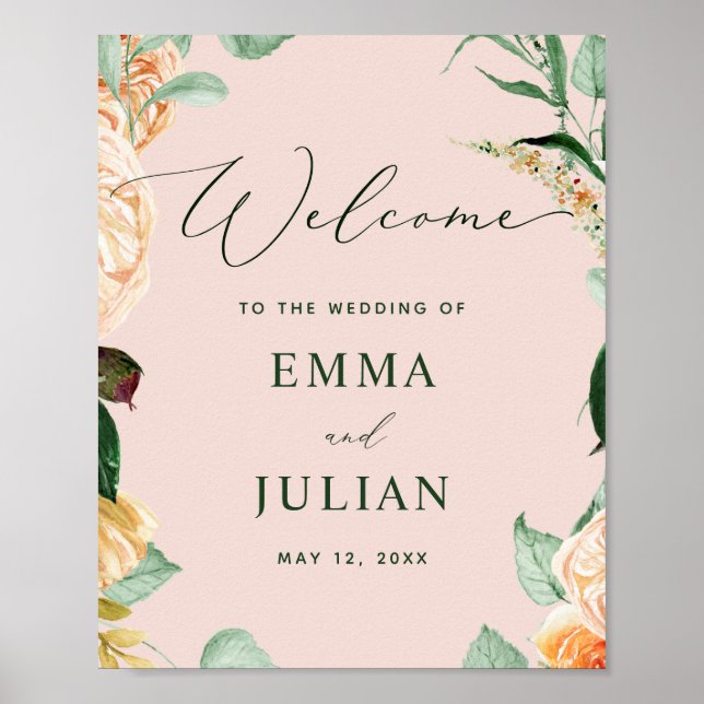 Botanical Boho Greenery Pink Wedding Welcome Sign (Front)