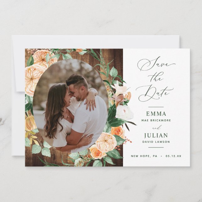 Botanical Boho Greenery Rustic Barn Wood Photo Save The Date (Front)