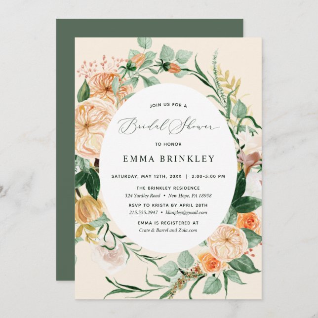 Botanical Boho Neutral Peach Floral Bridal Shower Invitation (Front/Back)