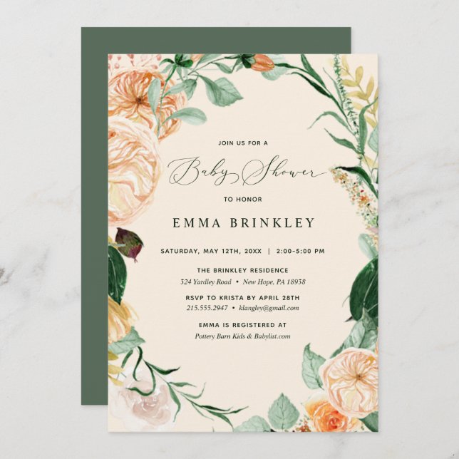 Botanical Boho Pastel Peach Neutral Baby Shower Invitation (Front/Back)
