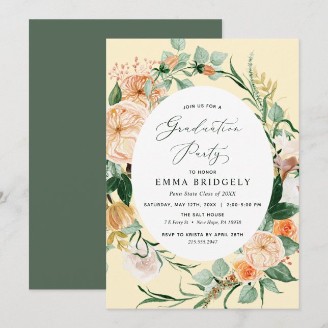 Botanical Boho Pastel Yellow Graduation Party Invitation (Front/Back)