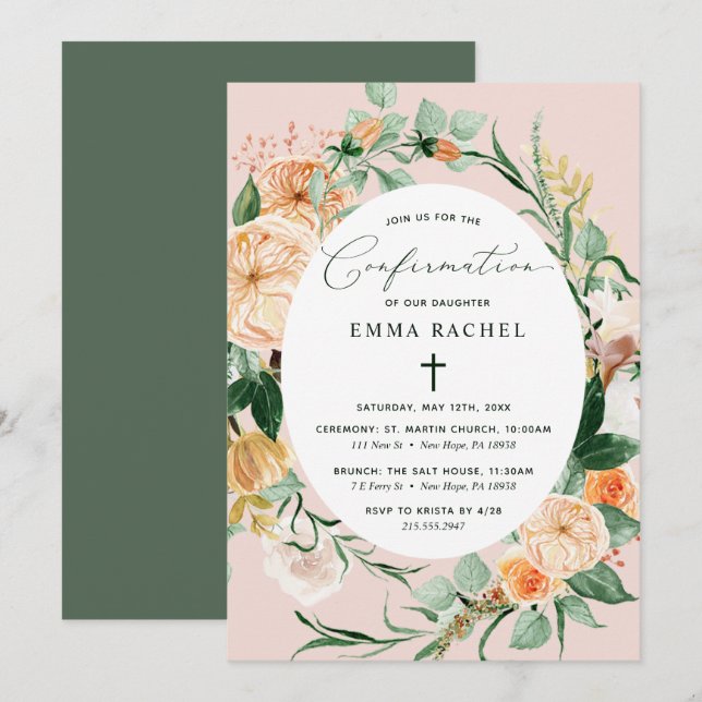 Botanical Boho Personalised Cute Pink Confirmation Invitation (Front/Back)