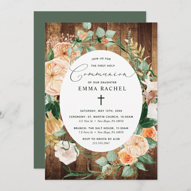 Botanical Boho Personalised Rustic Wood Communion Invitation (Front/Back)