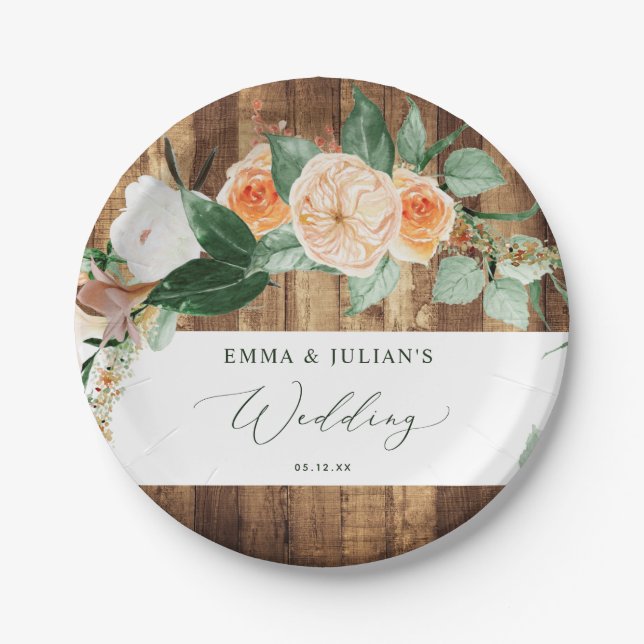 Botanical Boho Rustic Barn Personalised Wedding Paper Plate (Front)