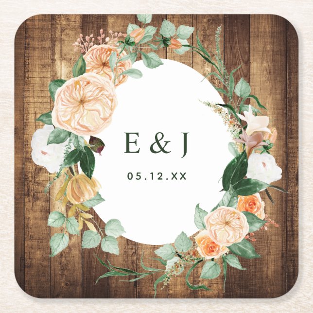 Botanical Boho Rustic Wood Monogram Barn Wedding Square Paper Coaster (Front)