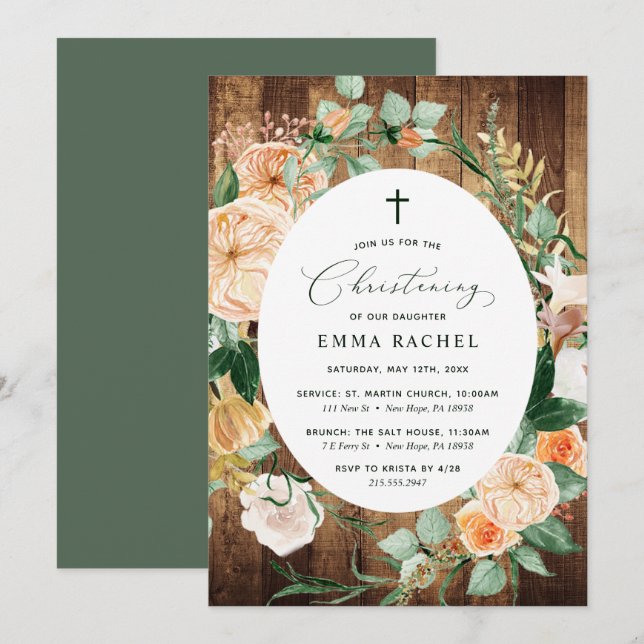 Botanical Boho Woodgrain Christening Personalised Invitation (Front/Back)