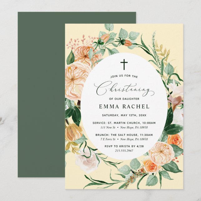 Botanical Boho Yellow Christening Personalised Invitation (Front/Back)
