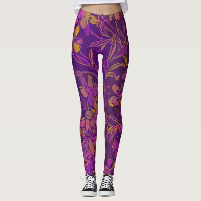 Botanical Bold Floral Pattern in Dark Purple Leggings (Front)