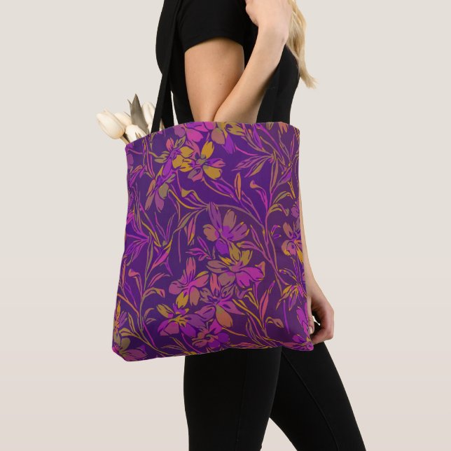 Botanical Bold Floral Pattern in Dark Purple Tote Bag (Close Up)