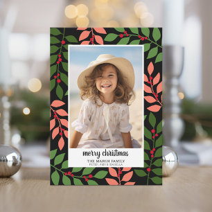 Botanical Border Coral Black - Vertical Photo Holiday Card