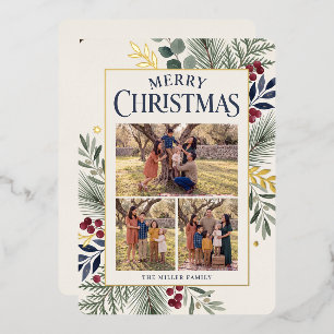 Botanical Border Three Photo Merry Christmas