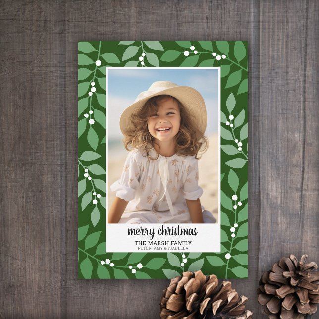 Botanical Border with Photo Script Merry Christmas Holiday Card (A berry botanical holiday card in shades of green leaves and white berries. 1 Photo)