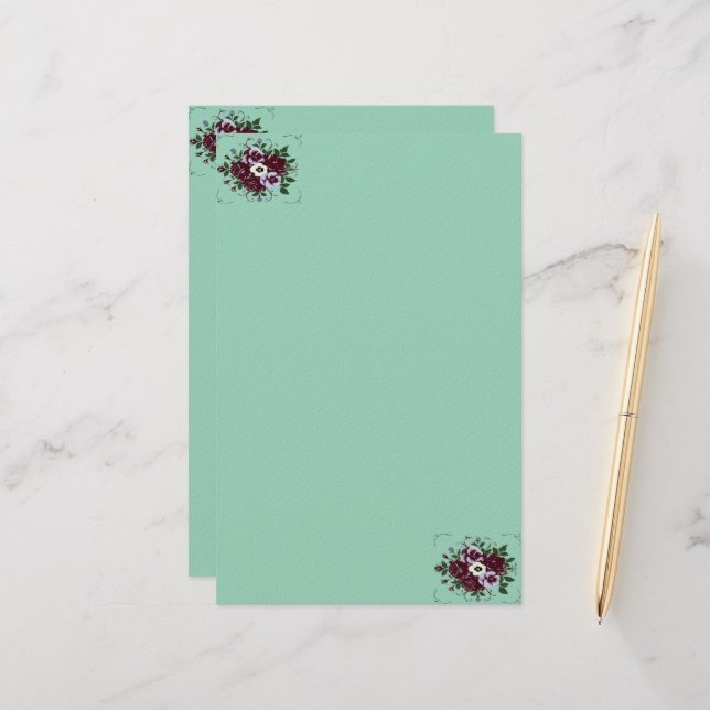 Botanical Bouquet of Violets Stationery (Front/Back In Situ)