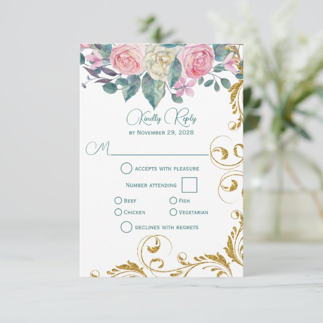Botanical Bouquet with Faux Gold Swirl RSVP (Standing Front)