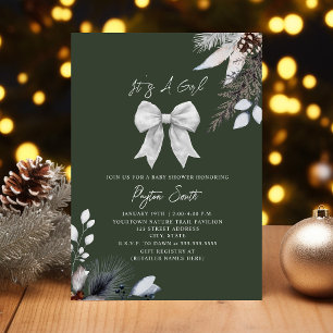 Botanical Bow Winter Girl Green Baby Shower Invitation