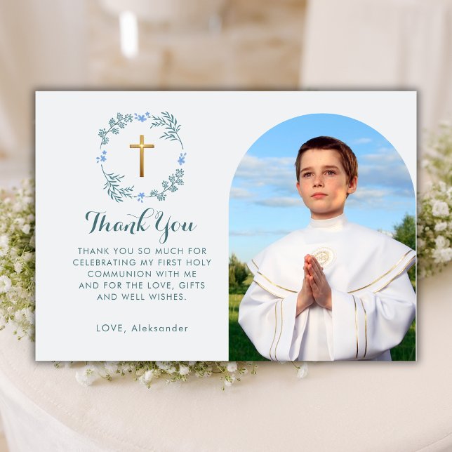 Botanical Boy First Holly Communion Arch Photo Thank You Card (Creator Uploaded)