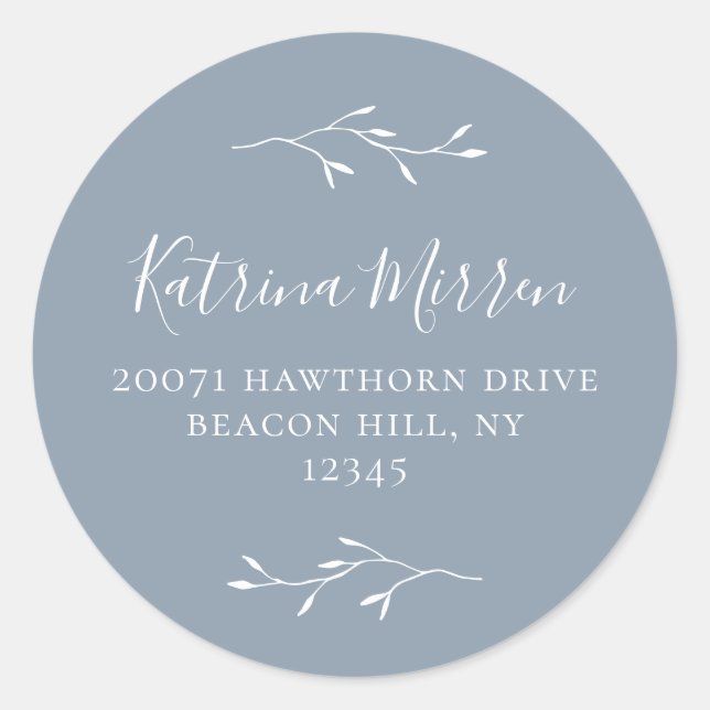 Botanical Branch Dusty Blue Return Address Sticker (Front)