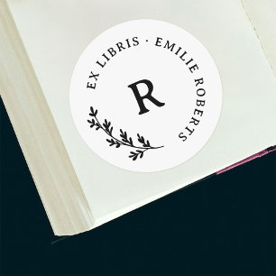 Botanical Branch Initial Round Name Ex Libris Classic Round Sticker