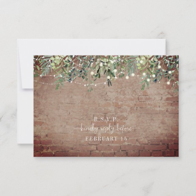 Botanical Brick Greenery String Lights Wedding RSVP Card (Front)